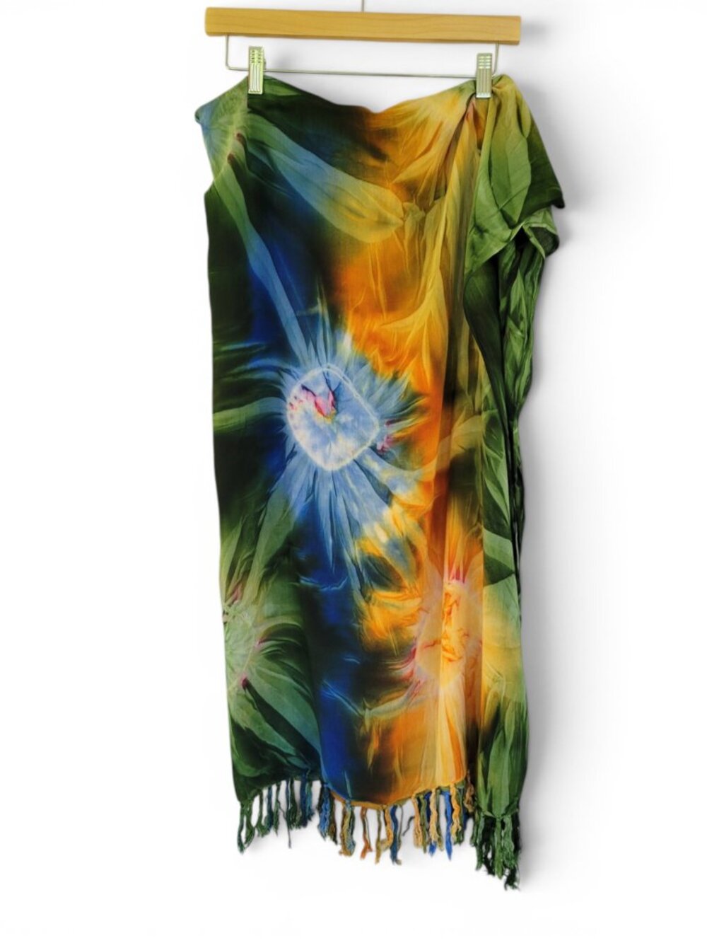 Tie Dyed Fringed Sarong Shawl - Beach Ready in Unique Blue, Green, Gold Pattern